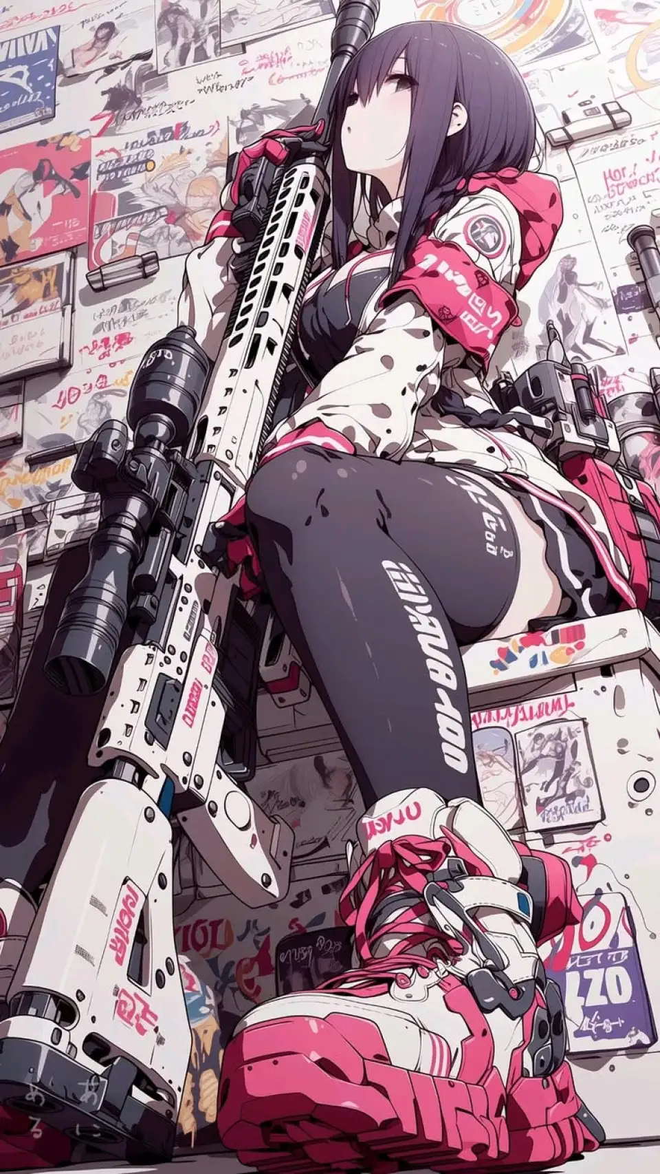 涂鸦墙前的粉白机甲少女
