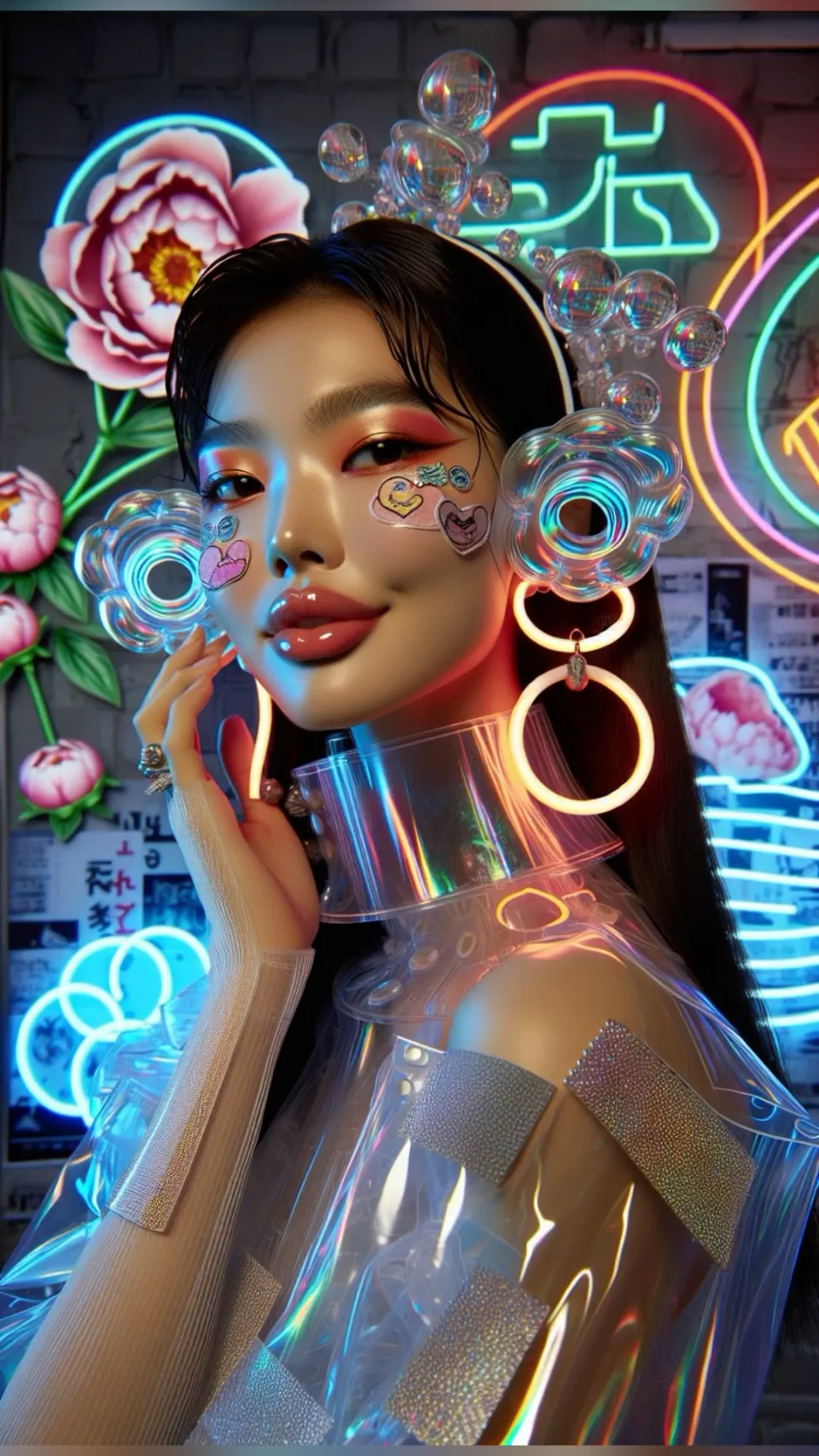 霓虹花卉妆容的透明时装肖像