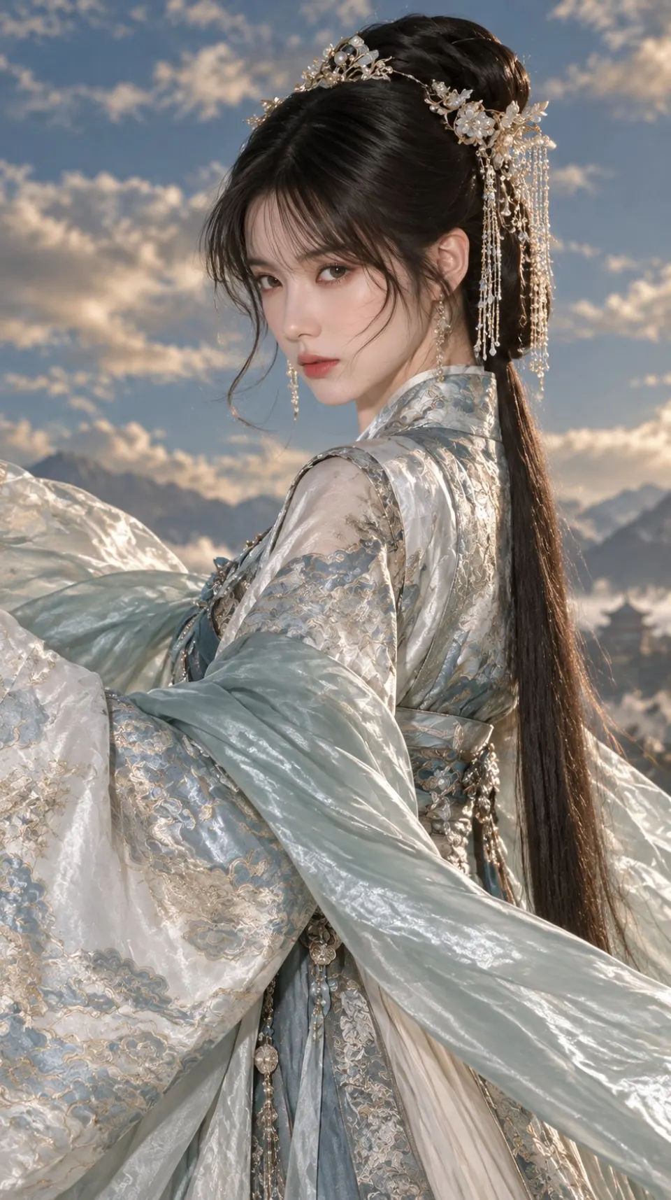 云山之间的银白古装女子