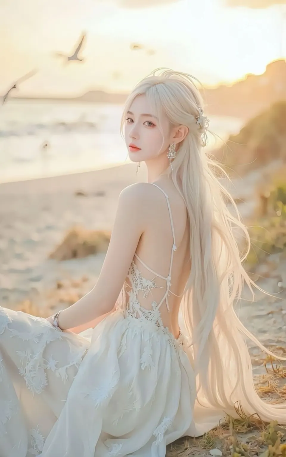 暮光海岸的白裙少女