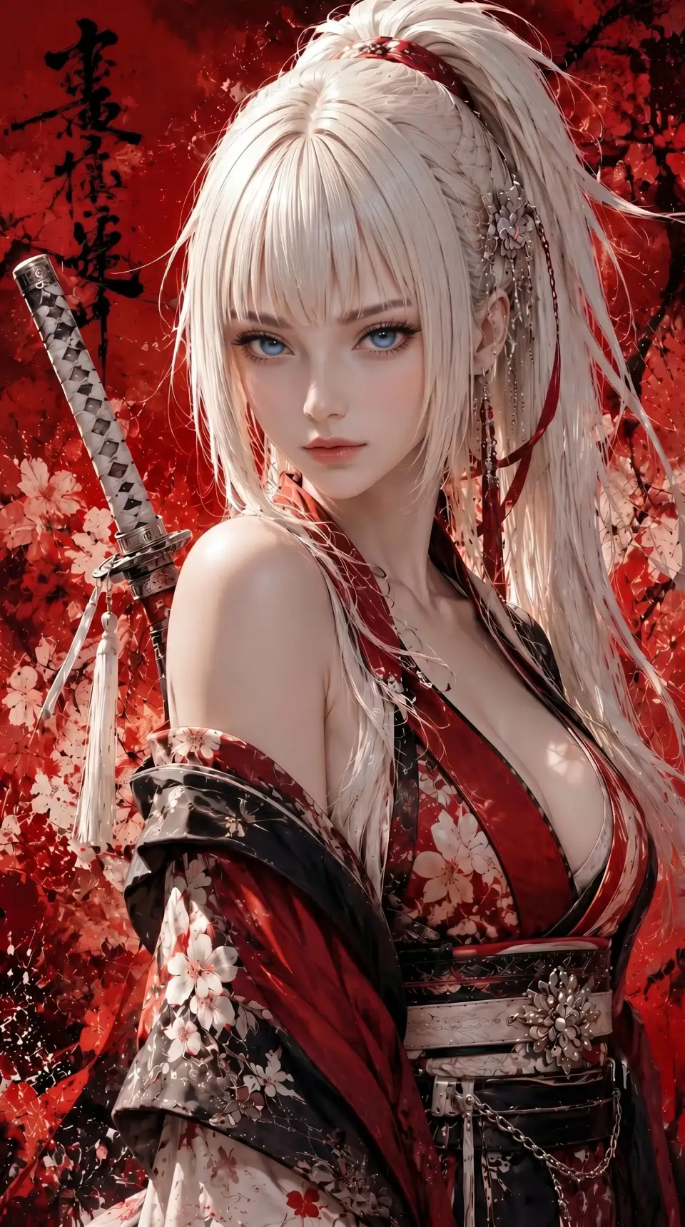 樱花与白发武士女性