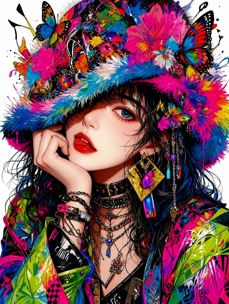 蝶舞繁花：波普艺术风格少女插画