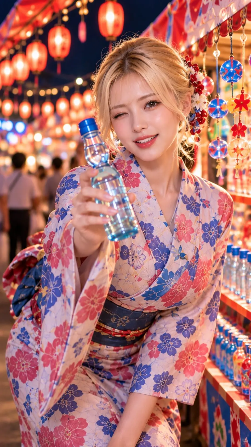 灯笼节夜景中的花卉浴衣