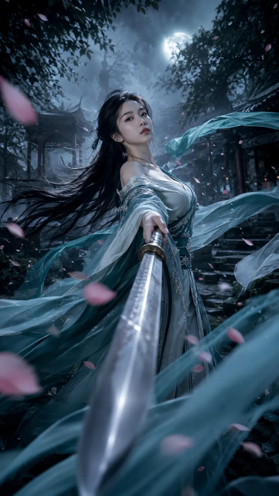 月光古寺前的剑舞女子