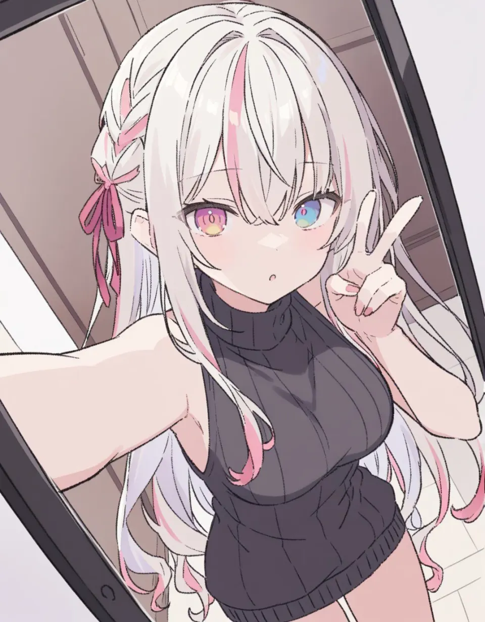 镜前自拍的粉发异瞳少女