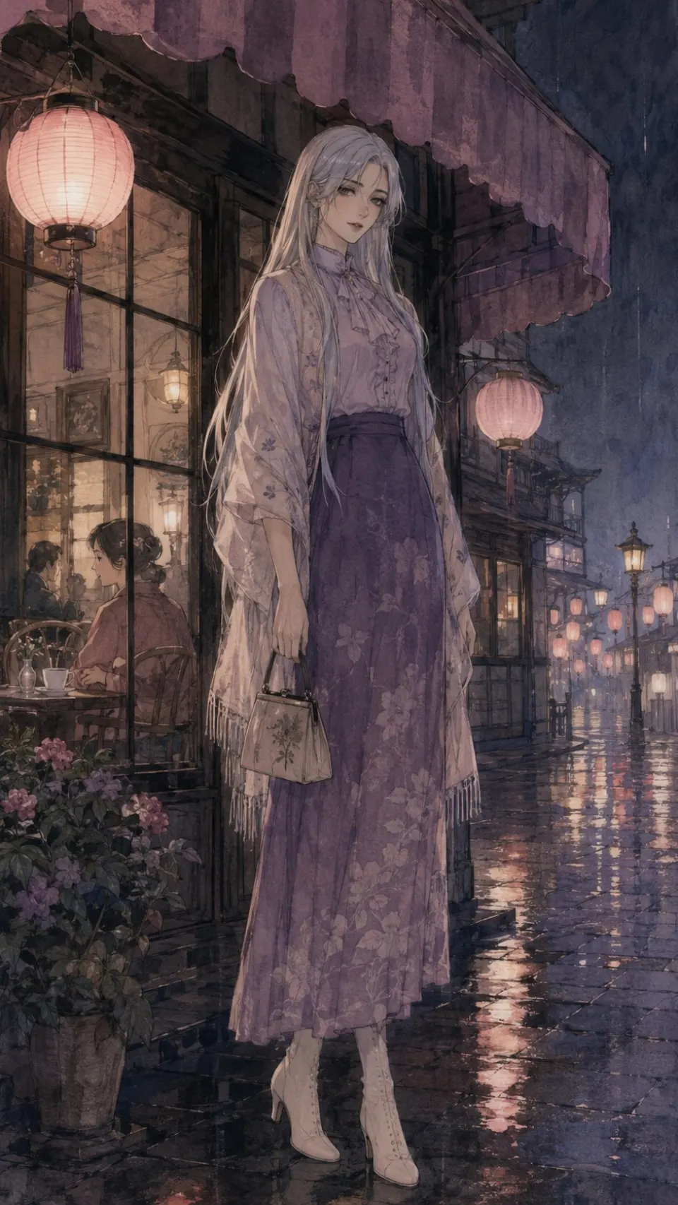 雨夜紫衣少女与复古灯笼街景