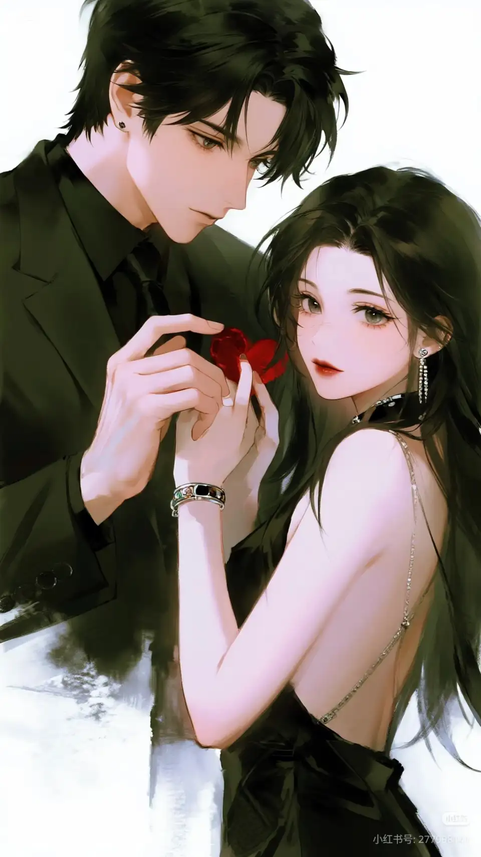 红心之间的黑发双人