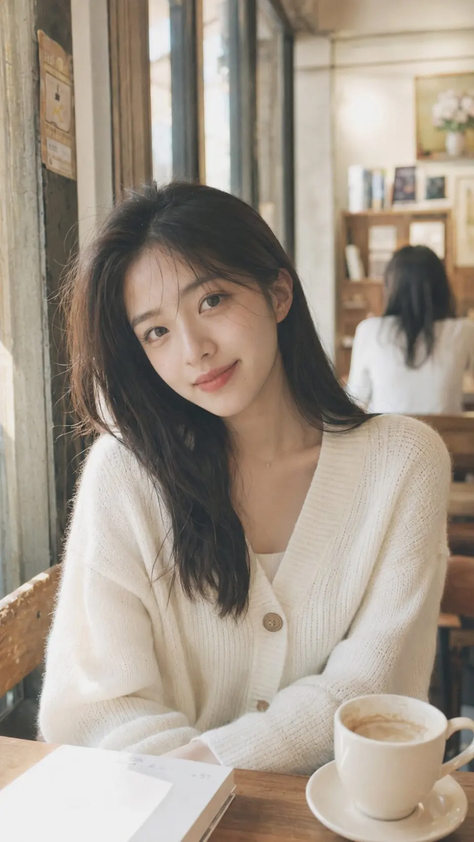 咖啡馆窗边的白衣少女