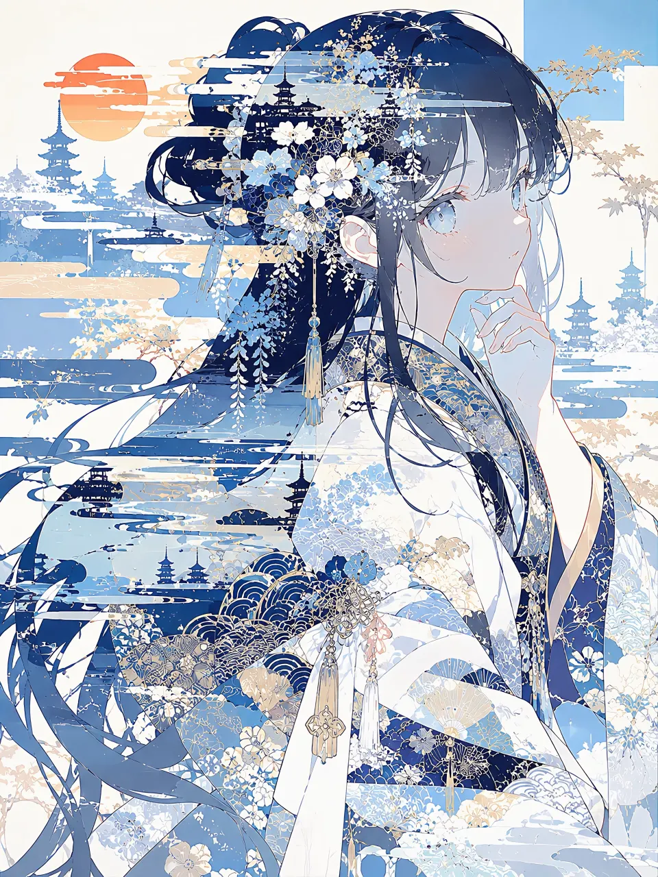 蓝调浮世绘少女与古塔风景