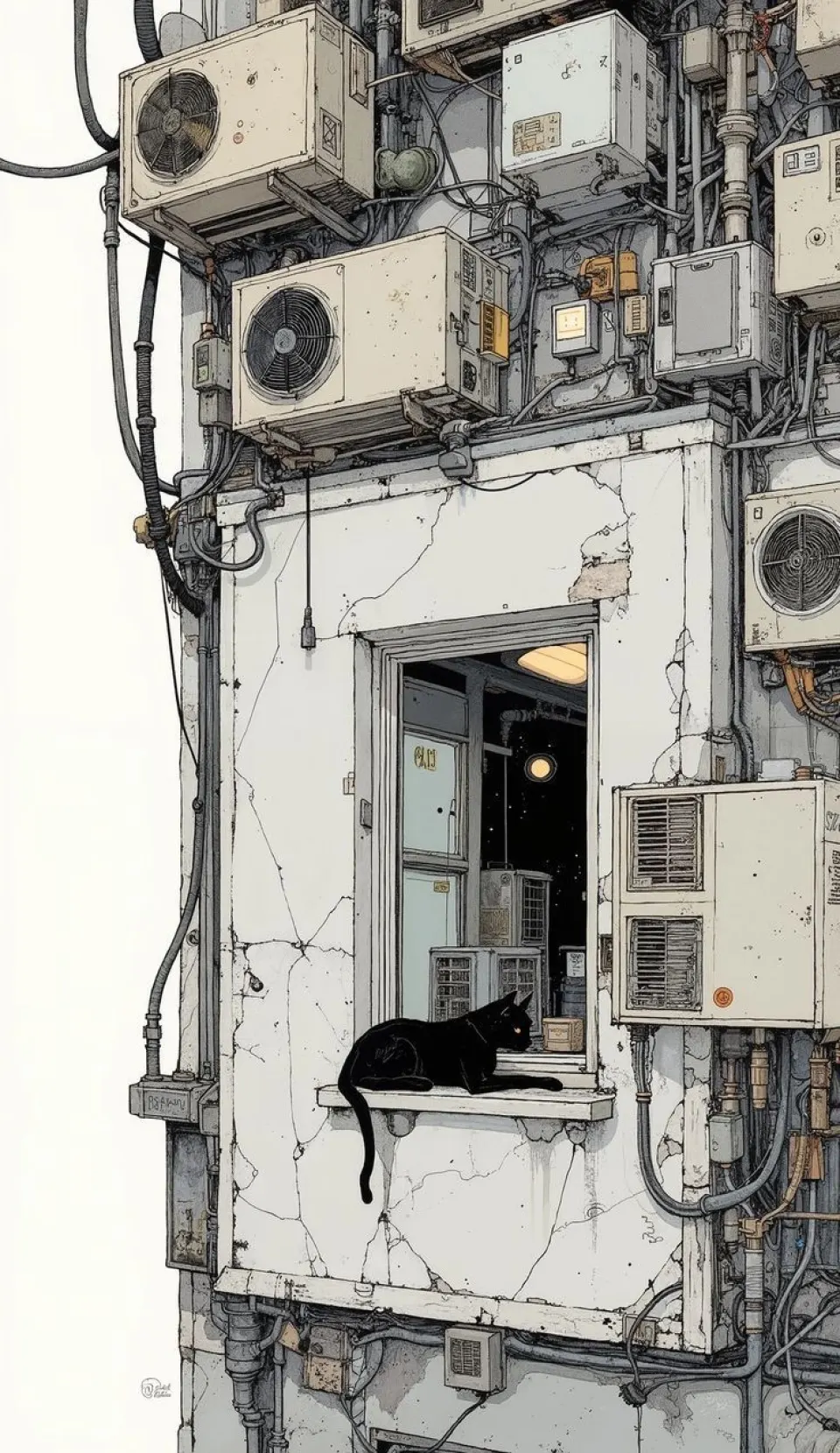城市线描插画：空调外机墙与窗台黑猫