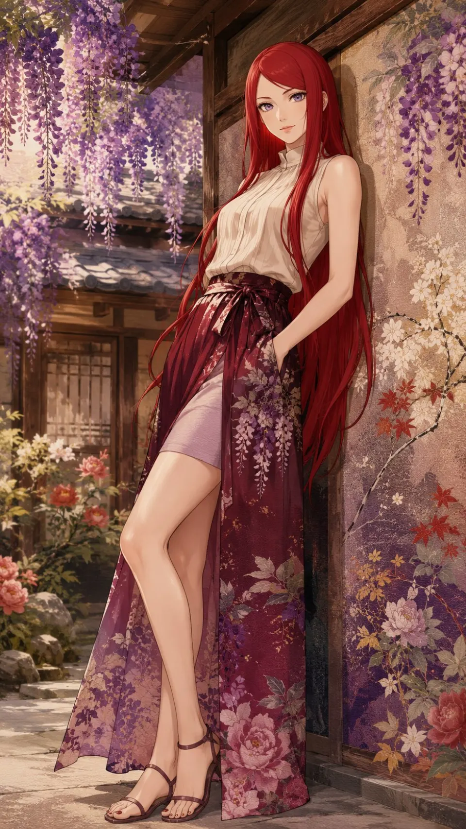紫藤花下的红发少女