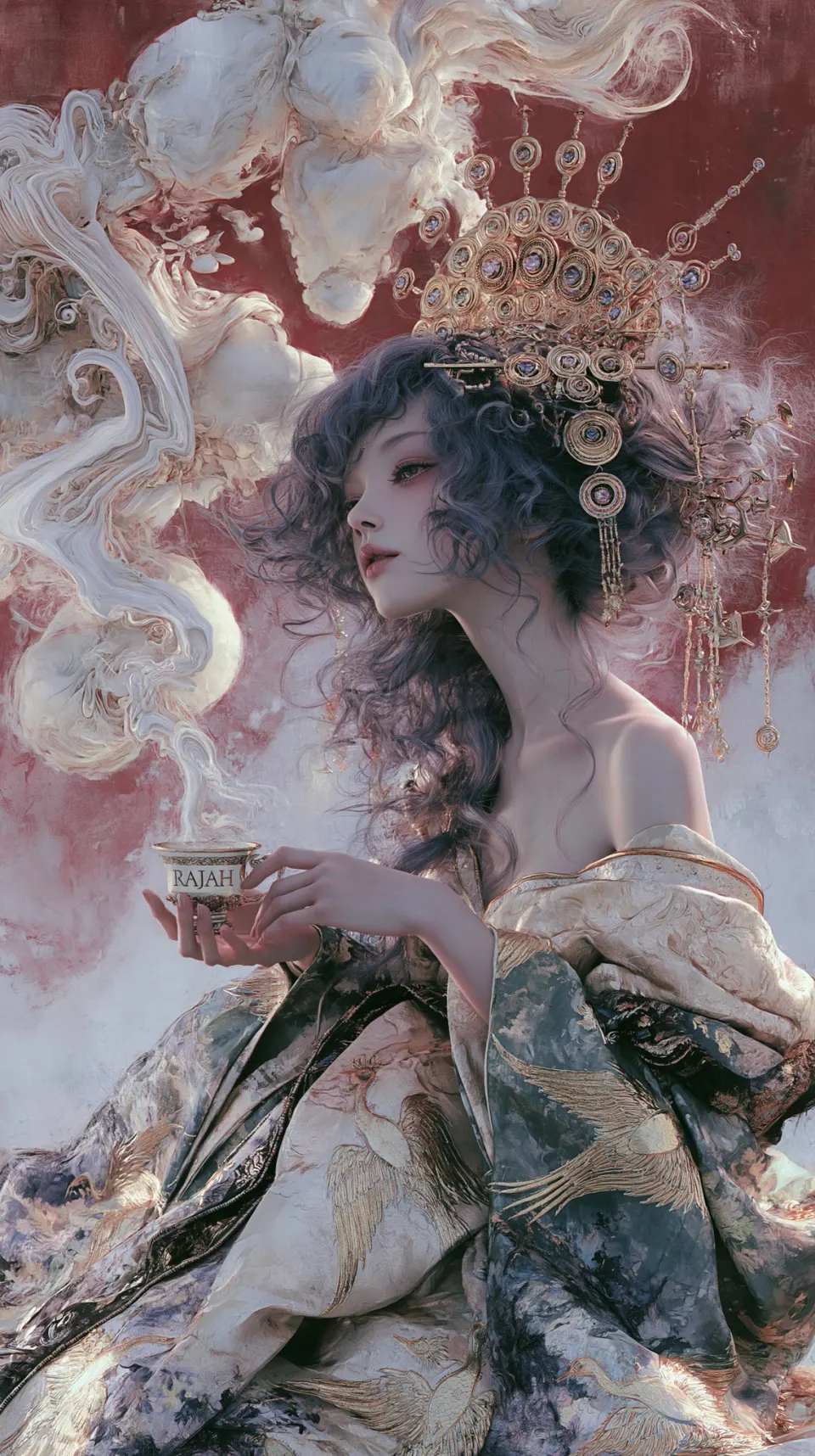 戴金冠持茶杯的幻想少女