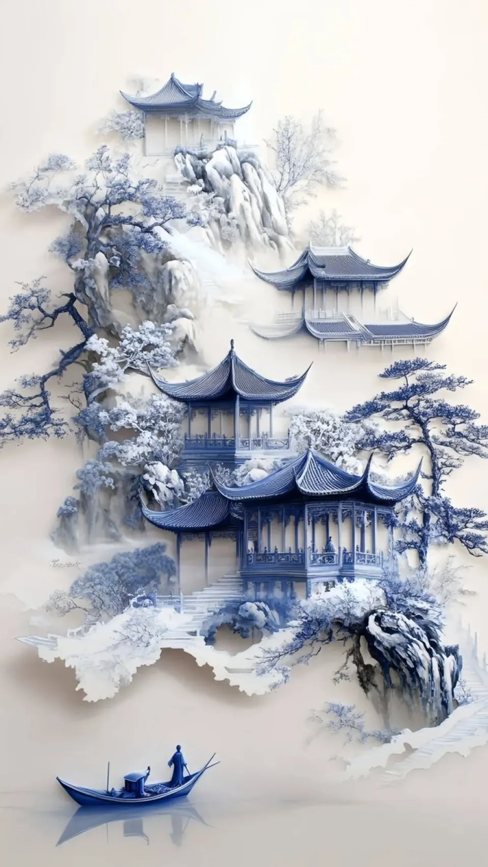 青花山水楼阁图