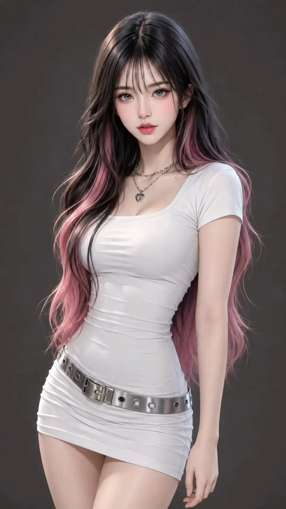 粉黑渐变长发白裙少女