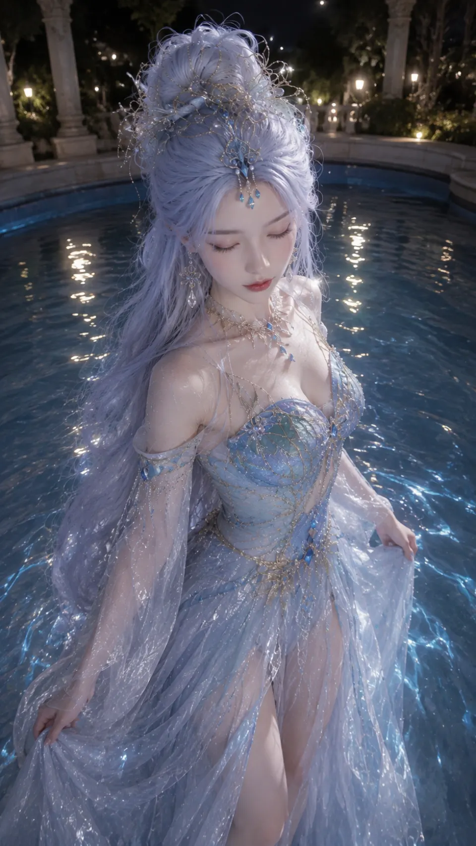 月夜池畔的蓝发精灵