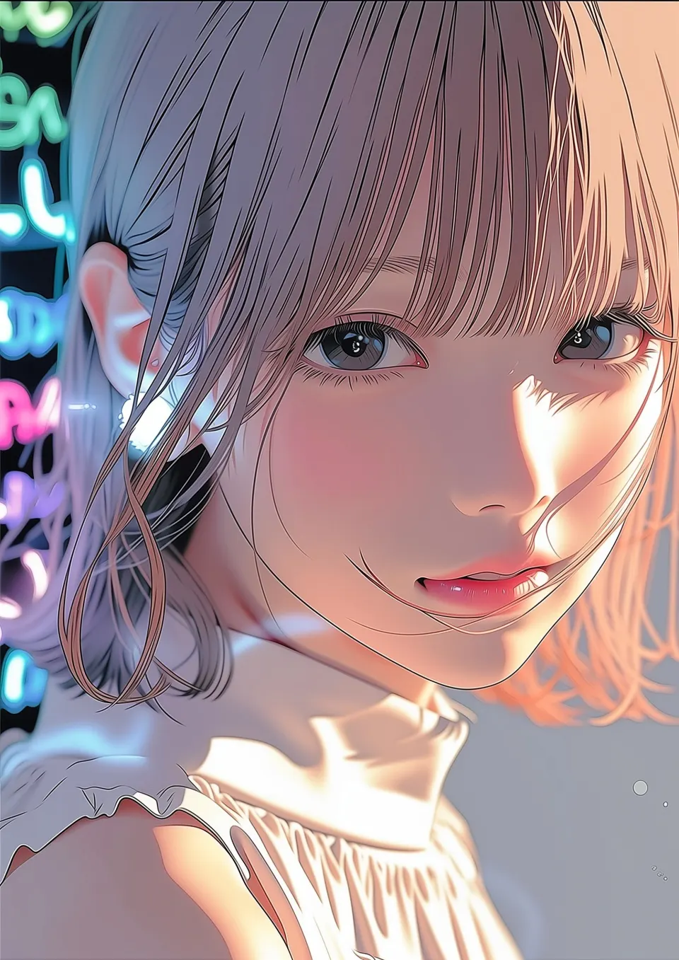 霓虹光影下的动漫少女