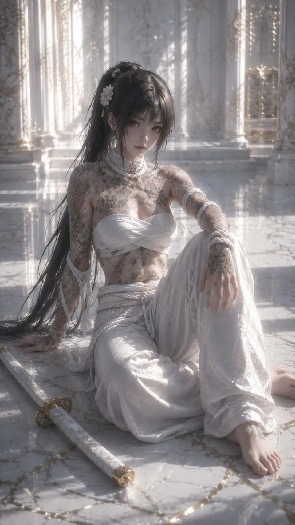 白大理石殿内的纹身少女与佩刀