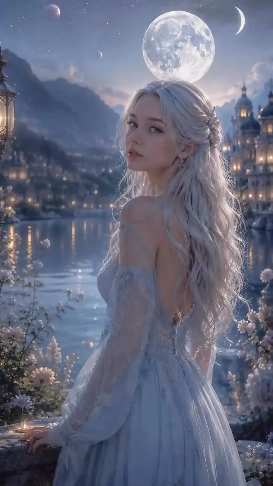 月夜湖畔的银发少女