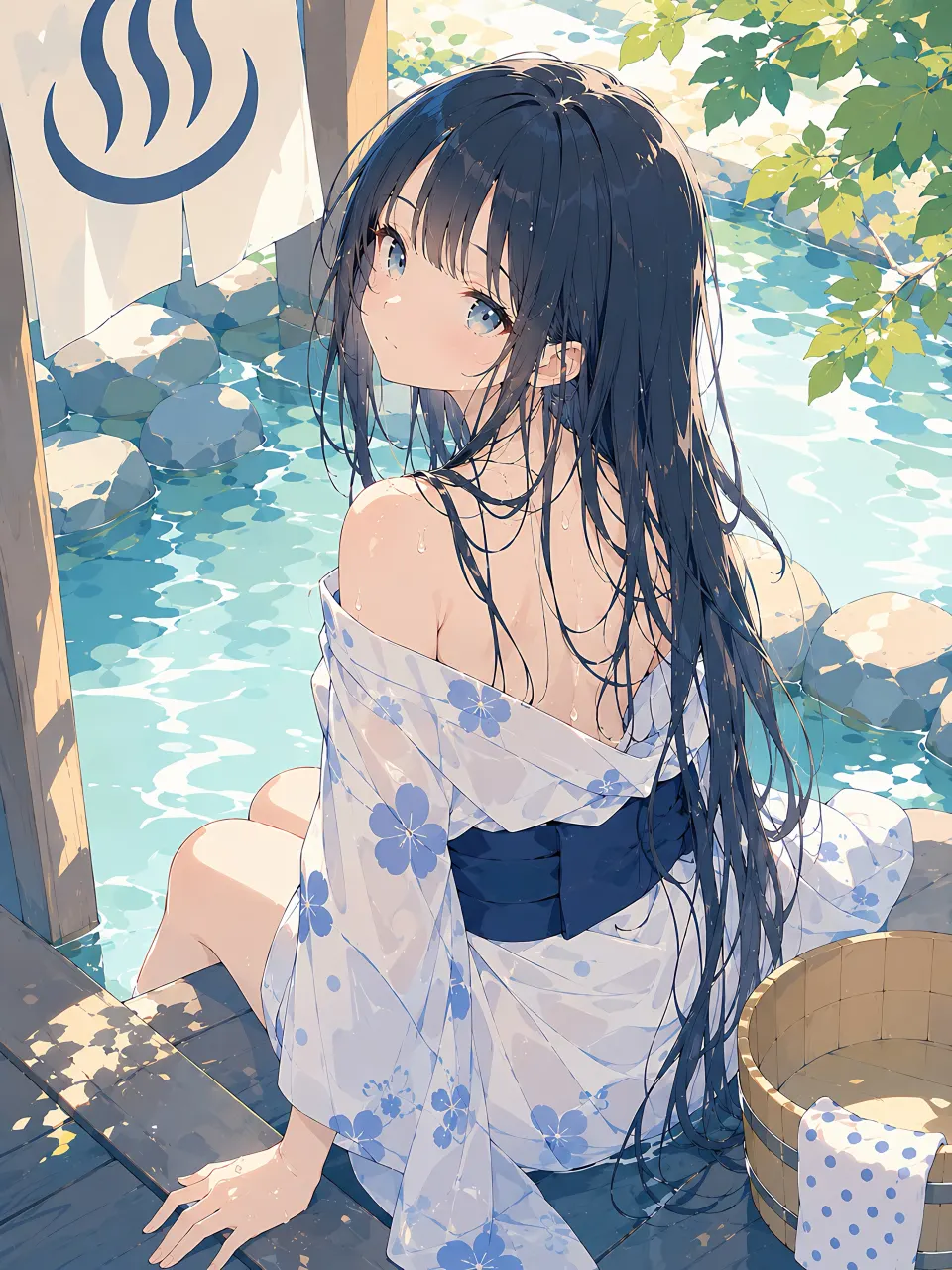 温泉边的蓝花浴衣少女