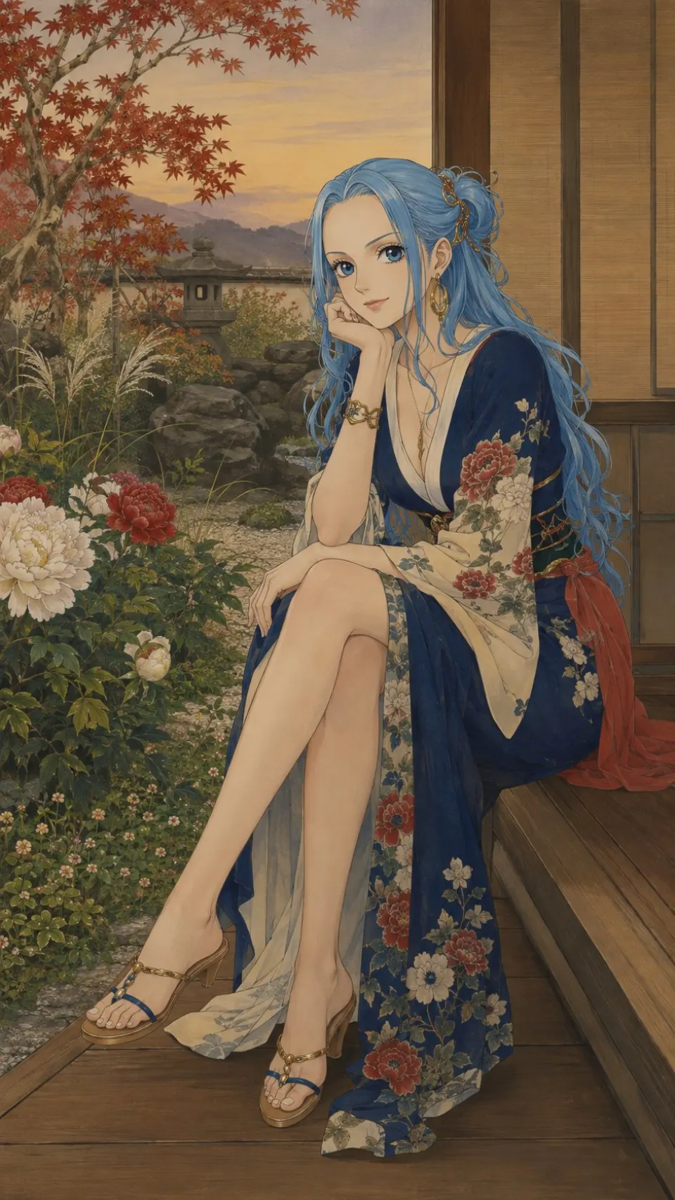 秋日庭院蓝发和服少女