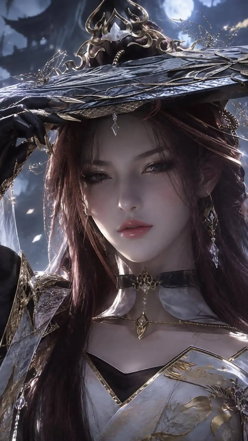 奇幻女性角色：戴金属黑色宽檐帽的深色奇幻女性肖像。
