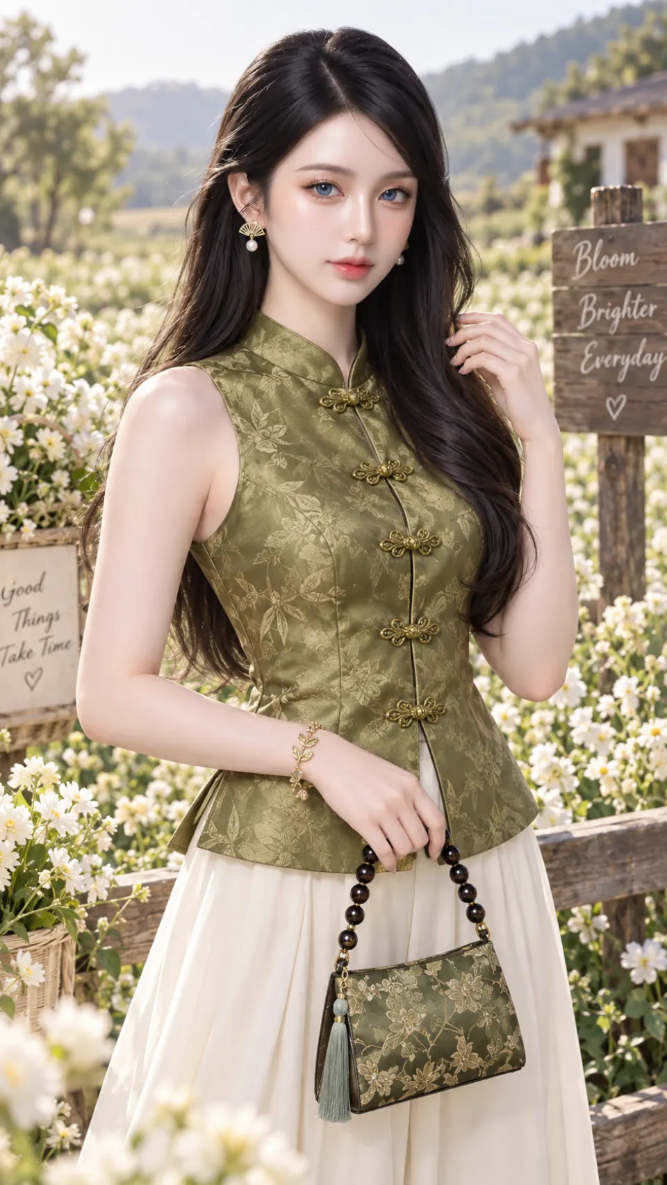 花园里的绿色旗袍少女