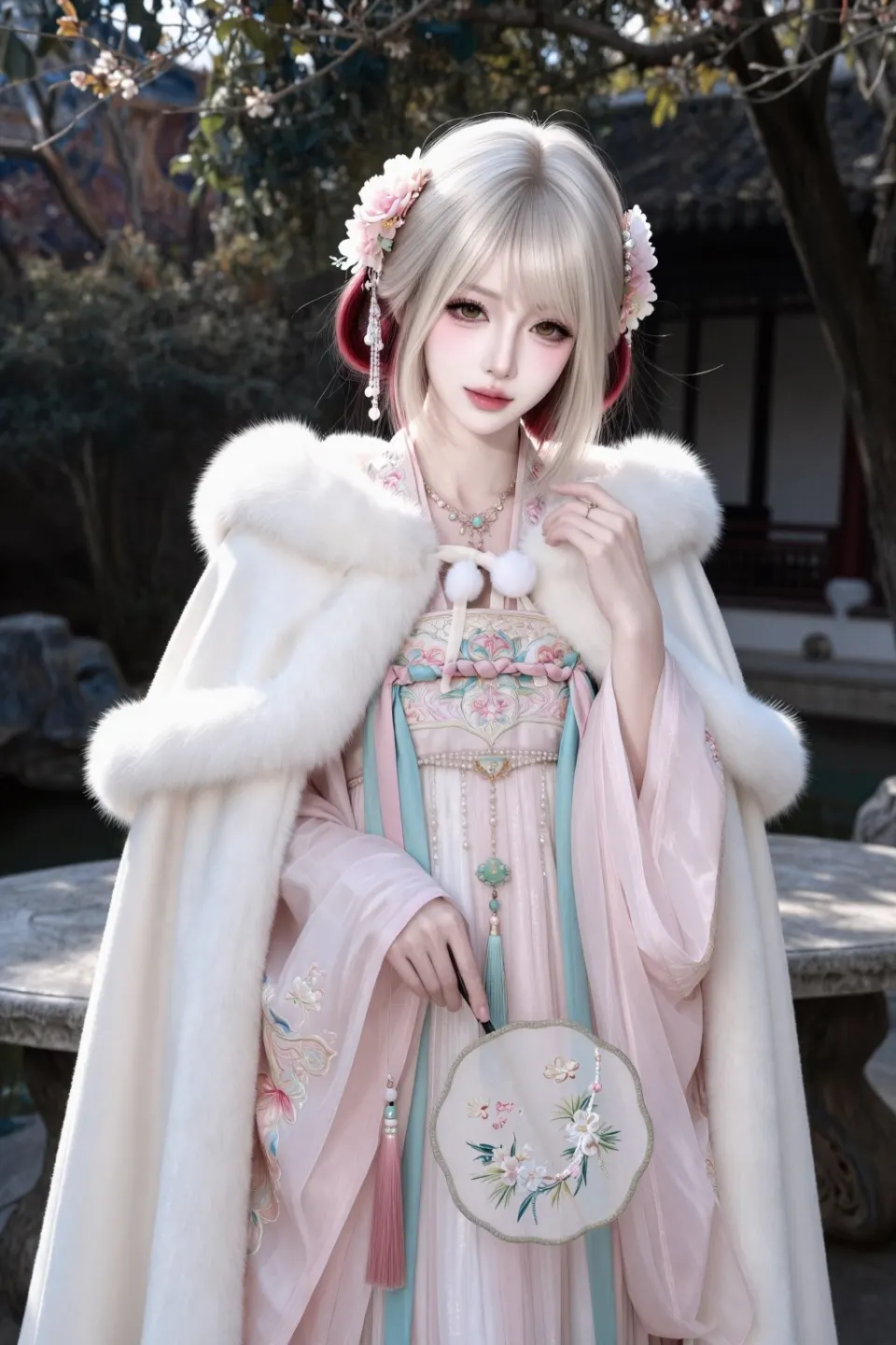 粉白汉服白裘庭院仕女