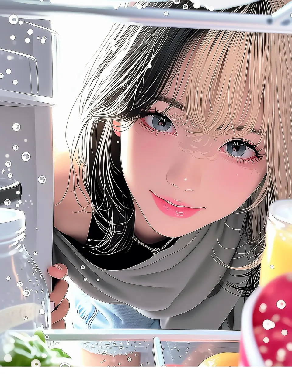 冰箱前的动漫少女特写