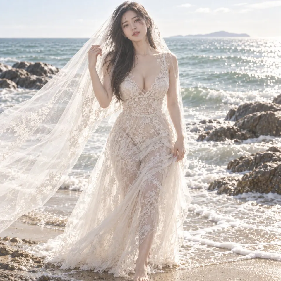 海浪中的全身婚纱肖像