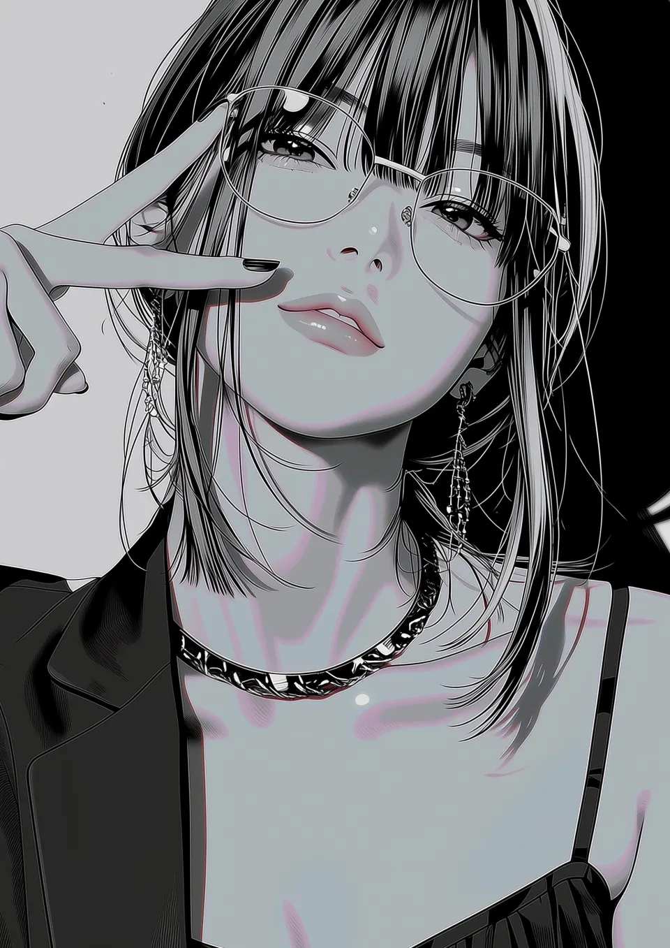 戴眼镜的酷感少女黑白插画