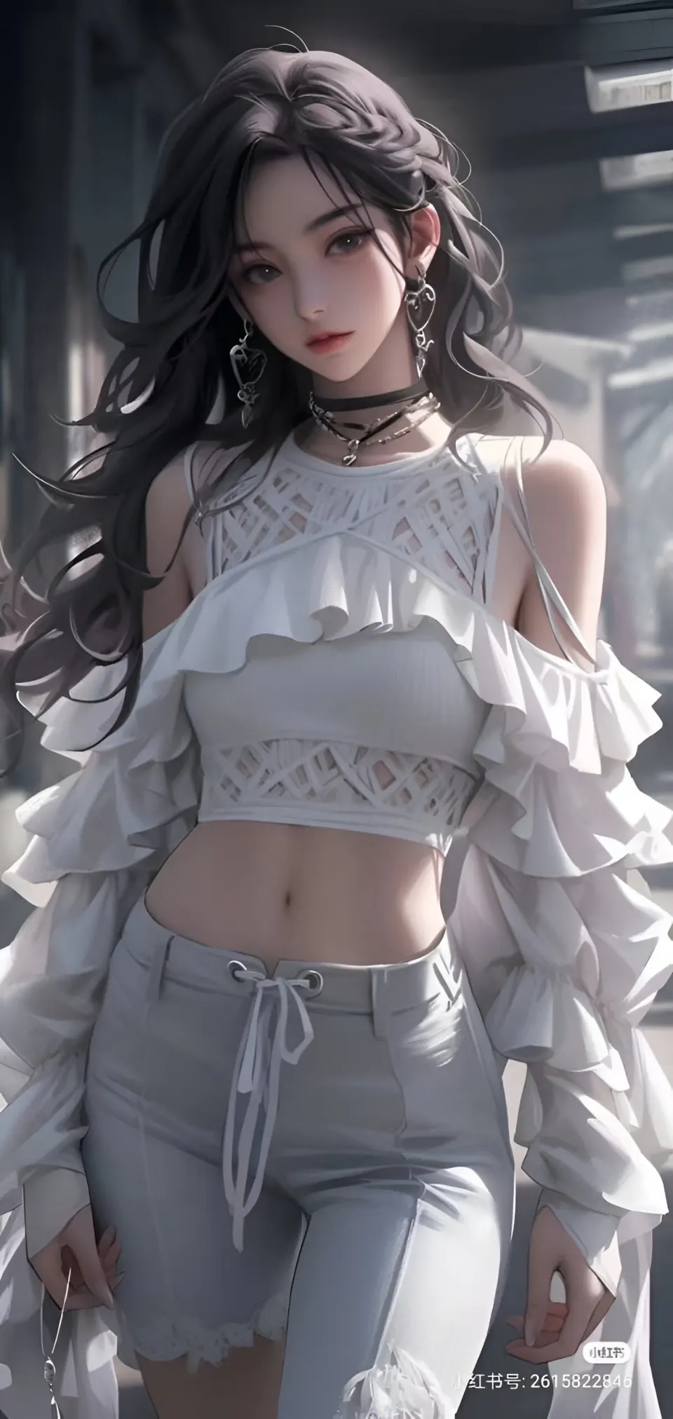 白色荷叶边露肩上衣少女