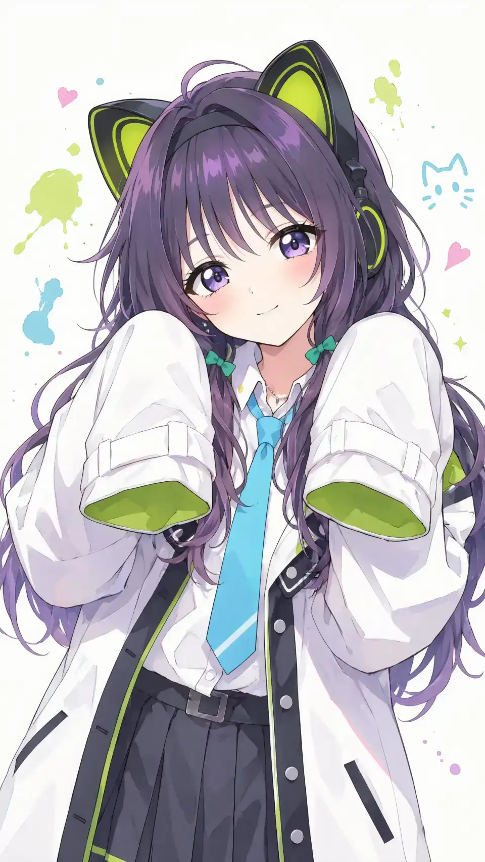 紫发猫耳耳机少女插画