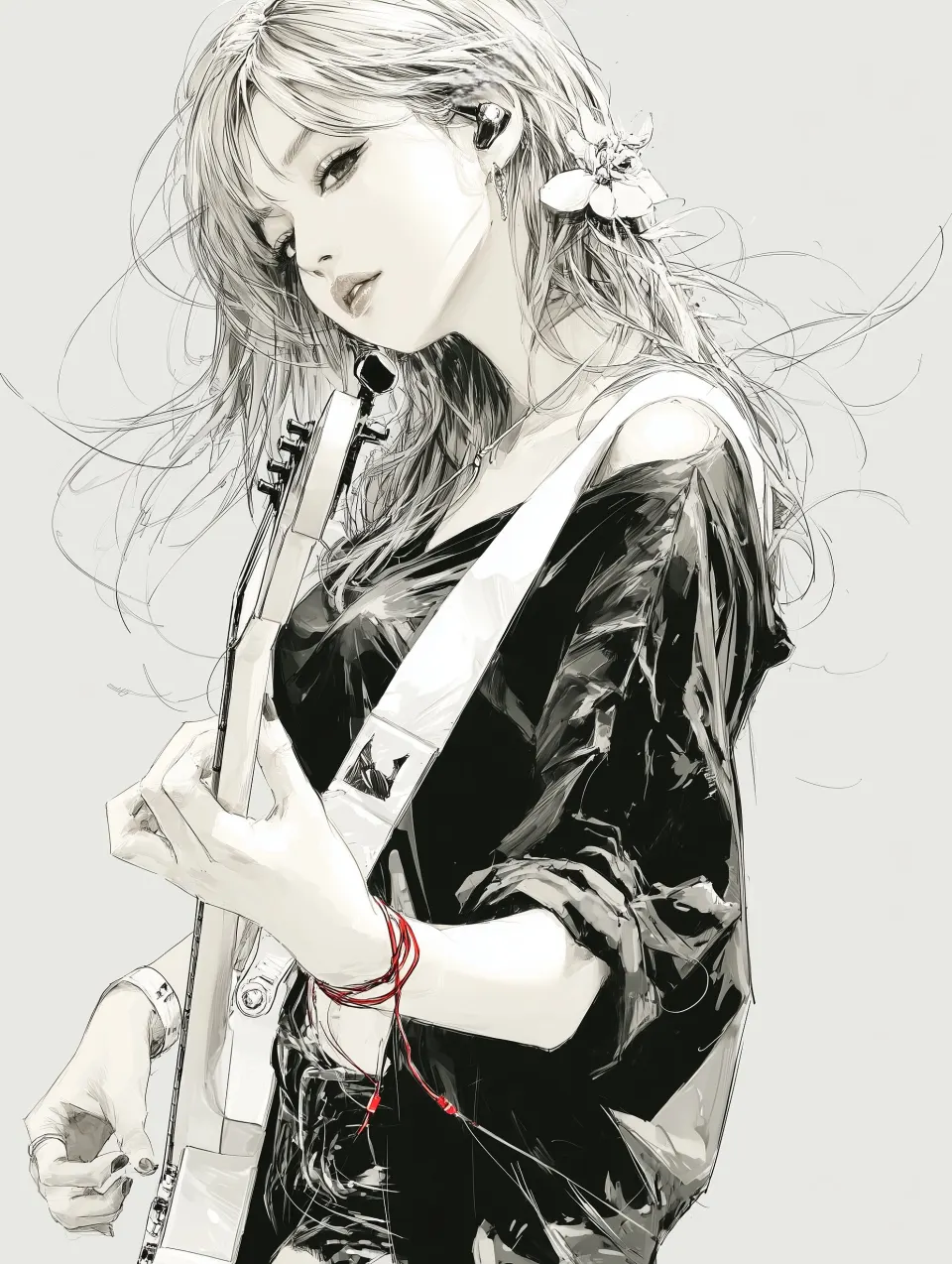 黑白素描持琴少女