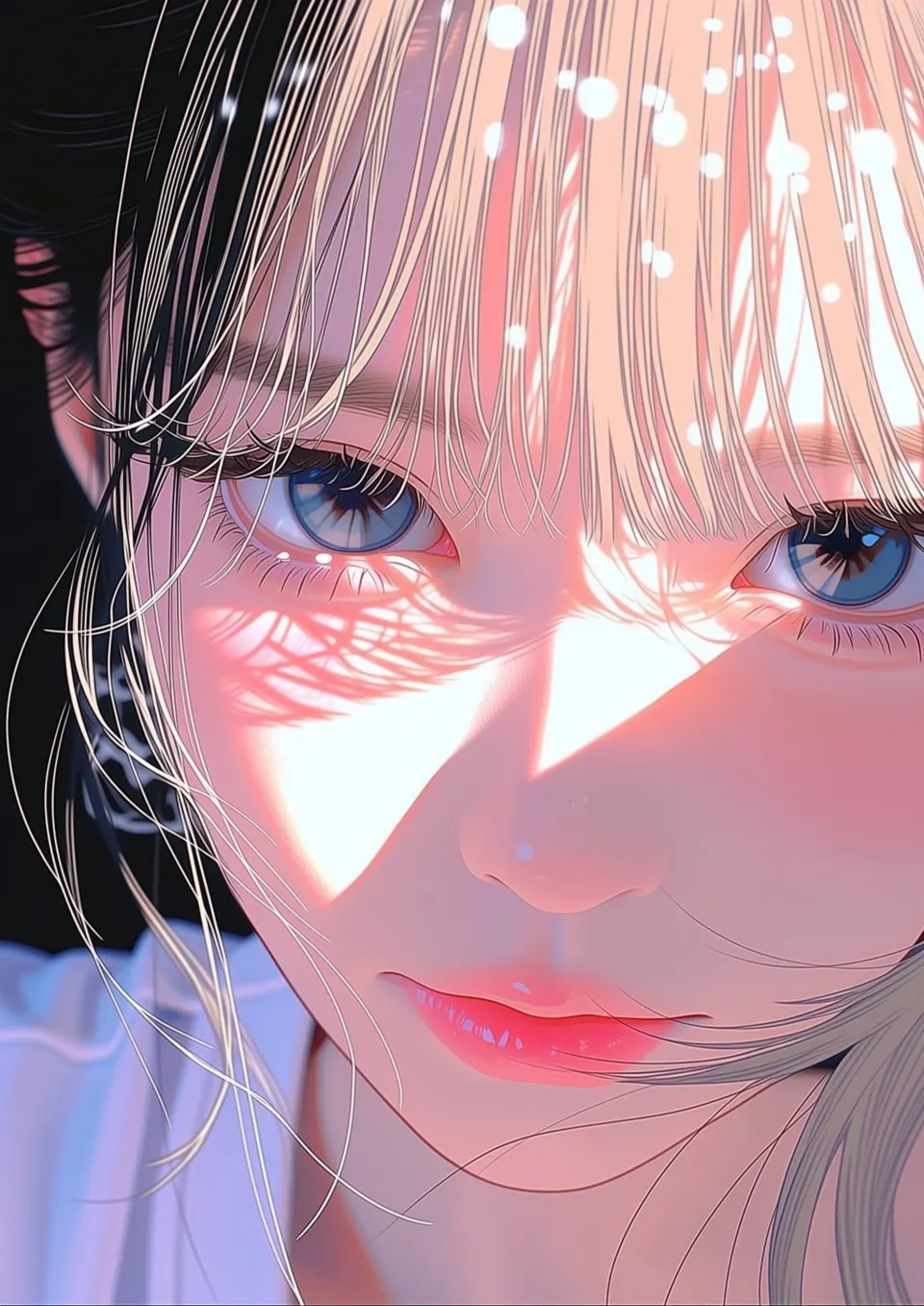 光影交织的蓝眸少女特写