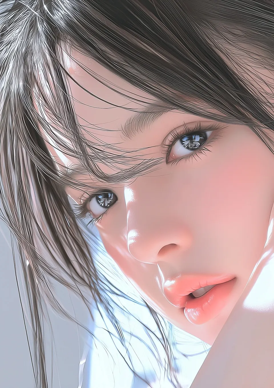湿润发丝少女面部特写
