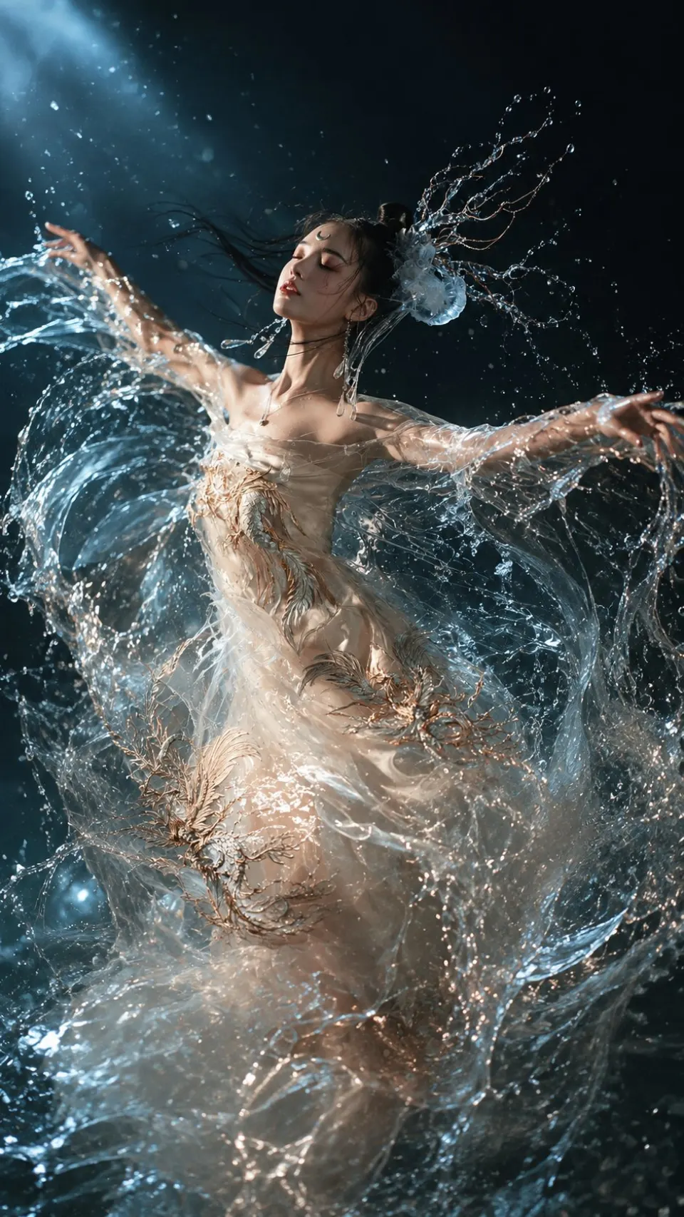 水下月光中的银色幻想女子