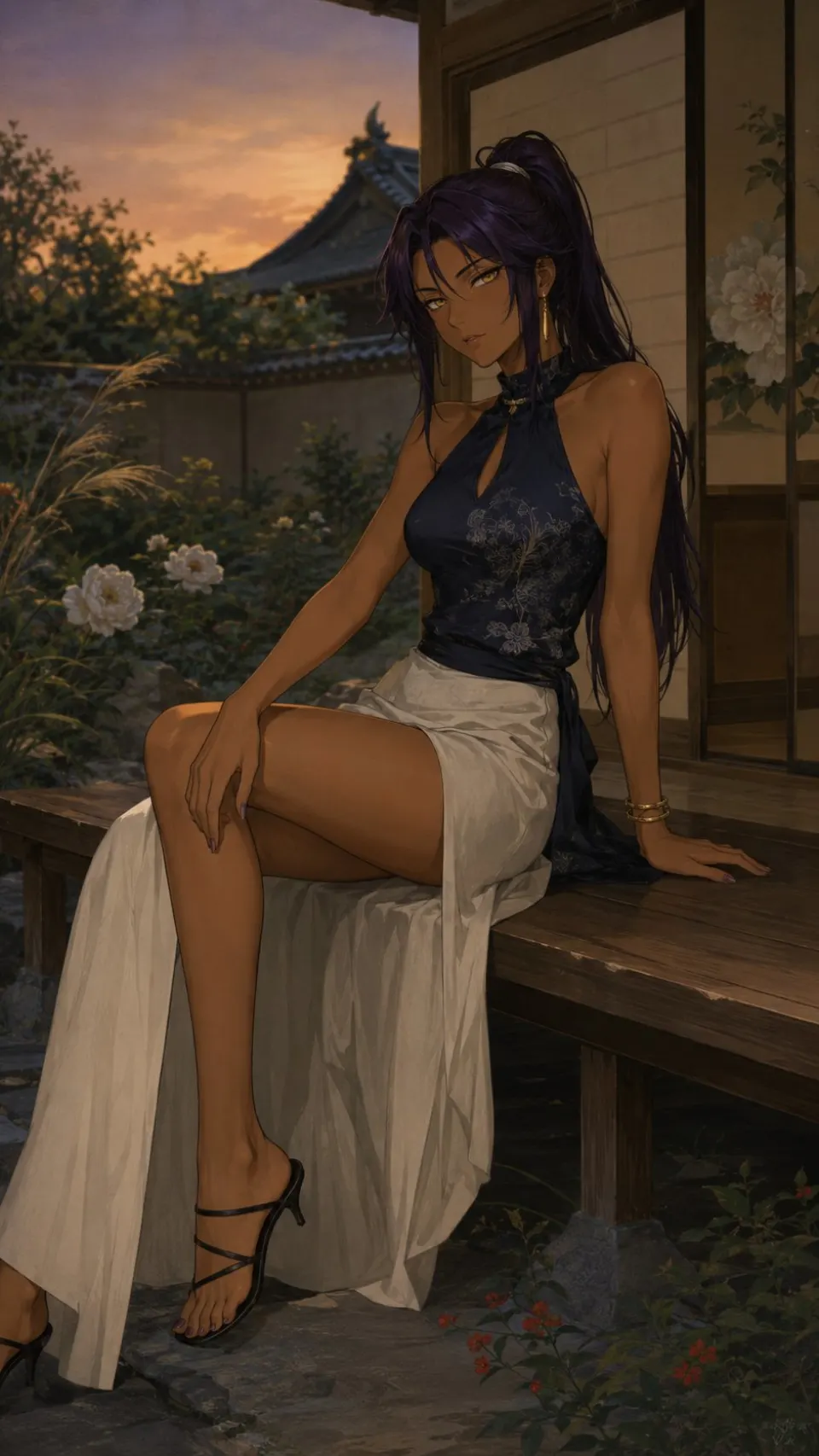 暮色庭院中的紫发女子