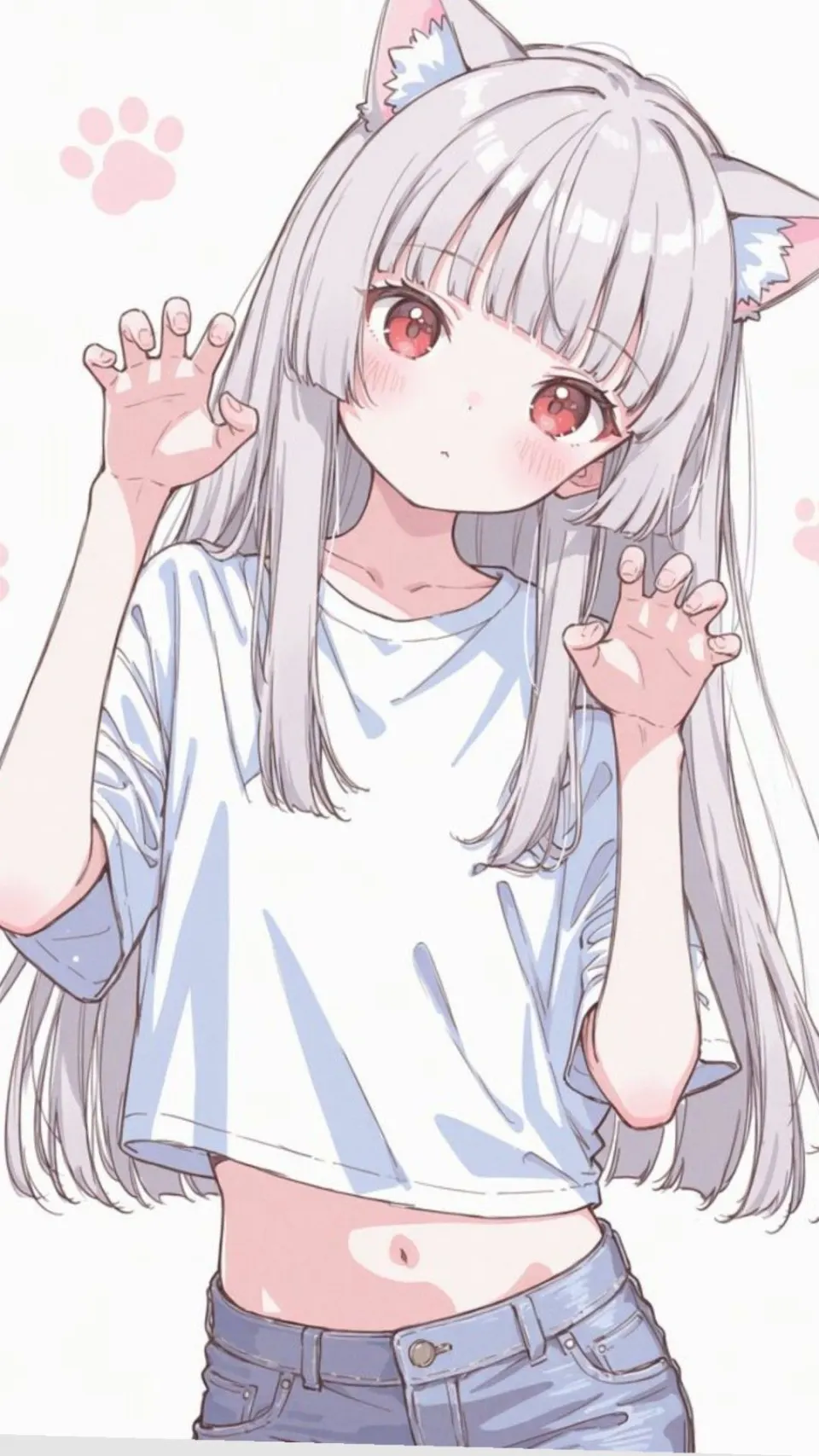 银发猫耳少女爪姿插画