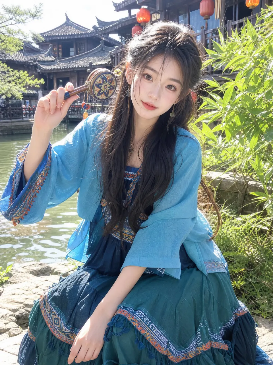 古镇水畔蓝衣民族风少女