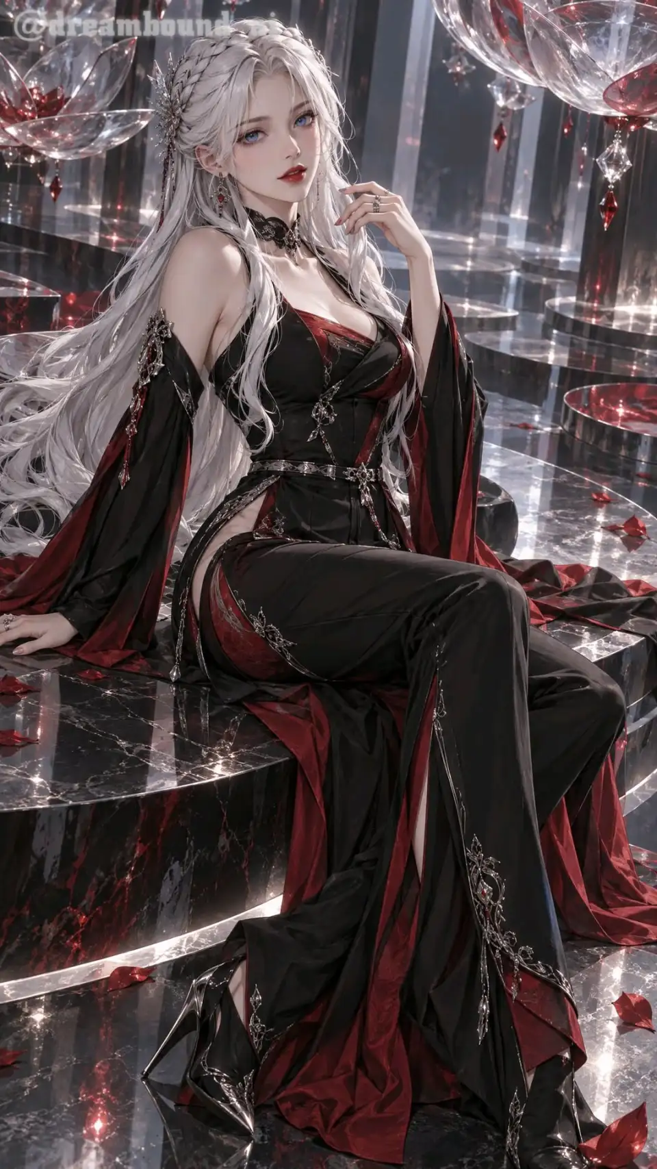 奇幻女性角色：银白长发、黑红礼服的成年女性幻想角色。