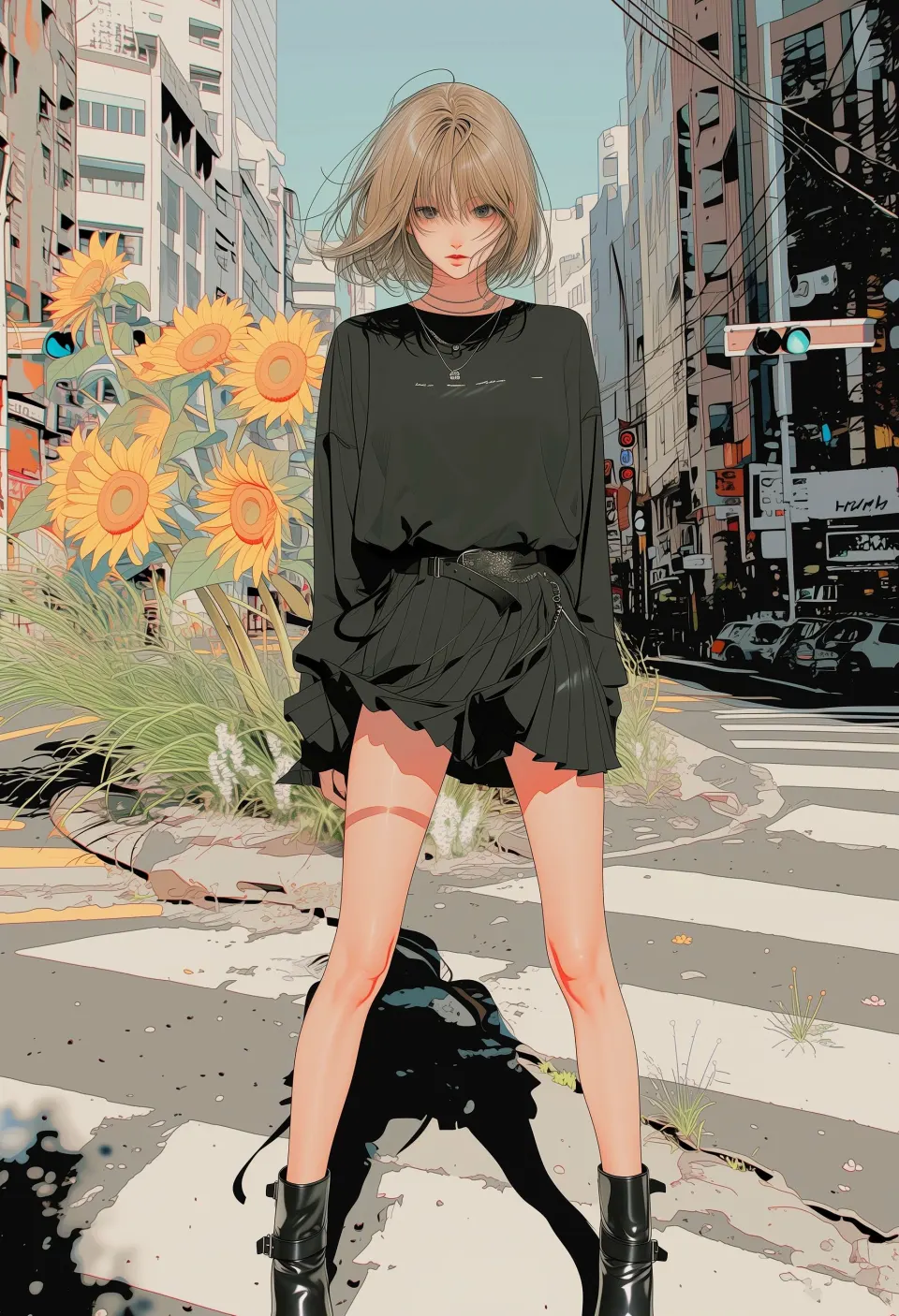 废墟街角的向日葵少女