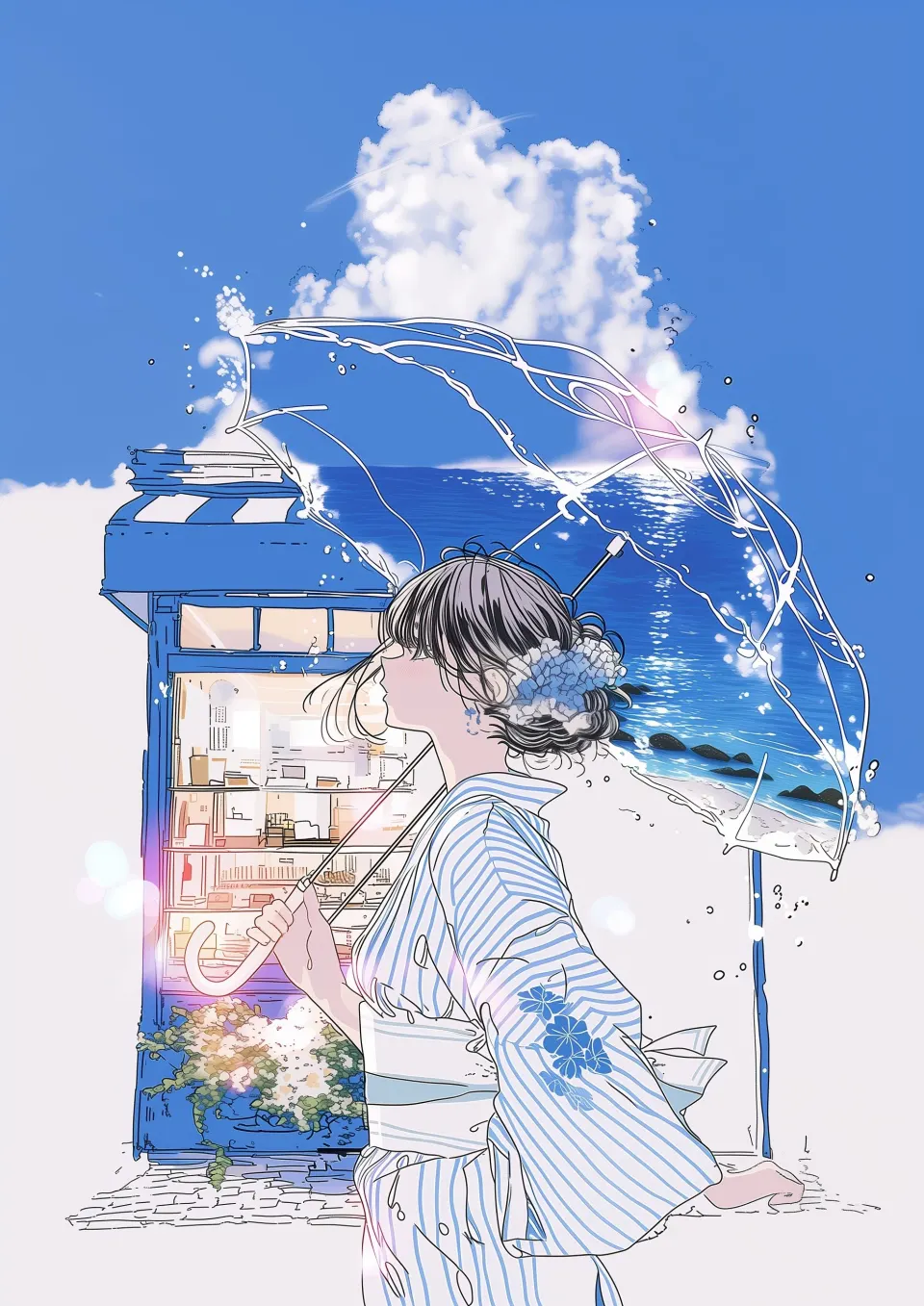 夏日幻梦：持伞少女与蓝色电话亭