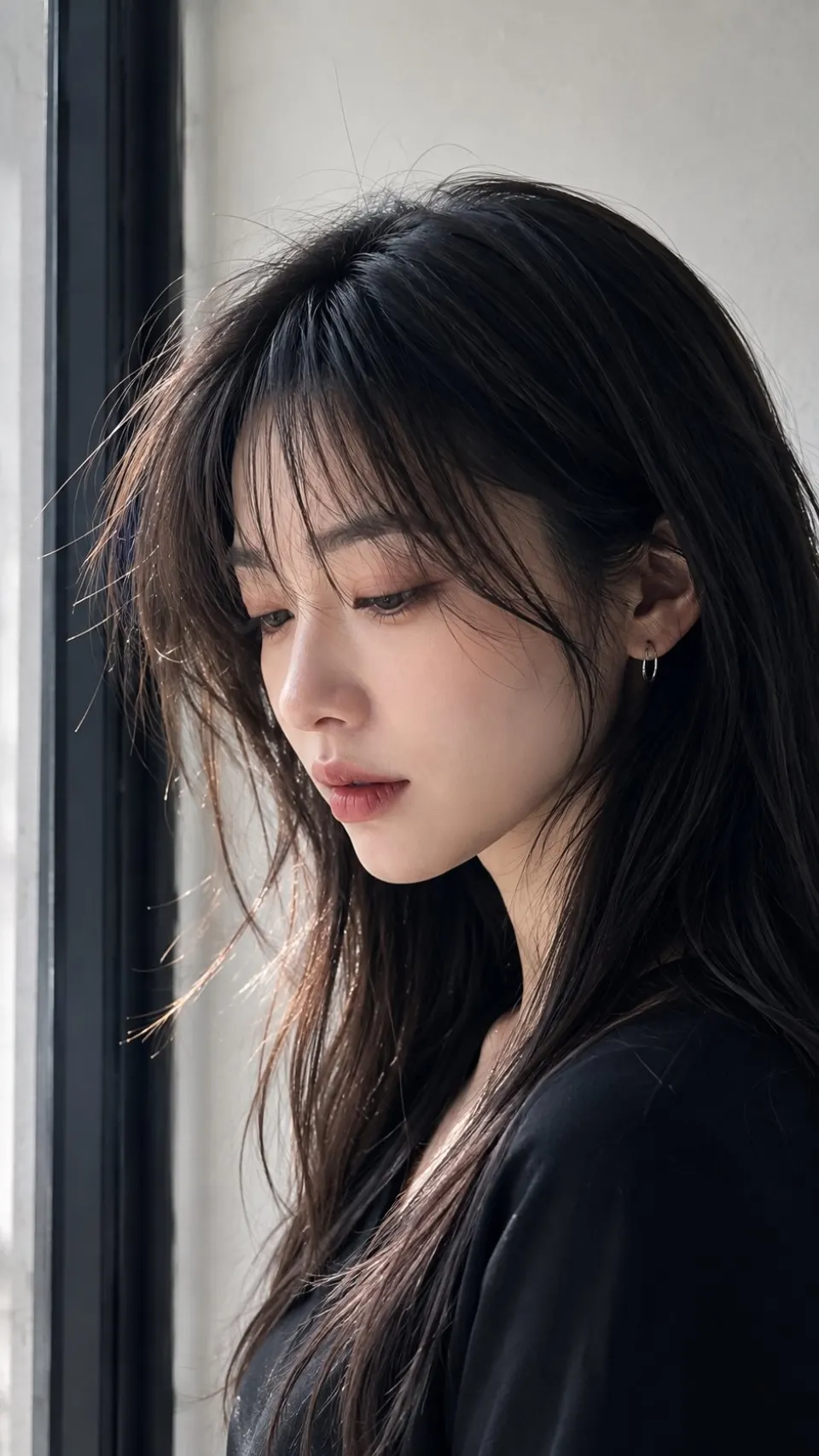 窗边黑衣女子人像
