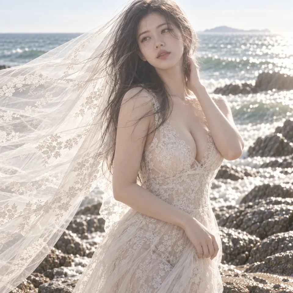 海边薄纱婚纱半身肖像