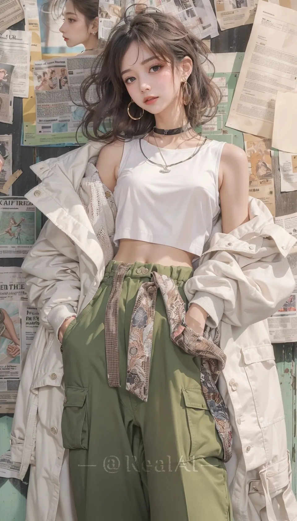 复古墙前的工装风少女