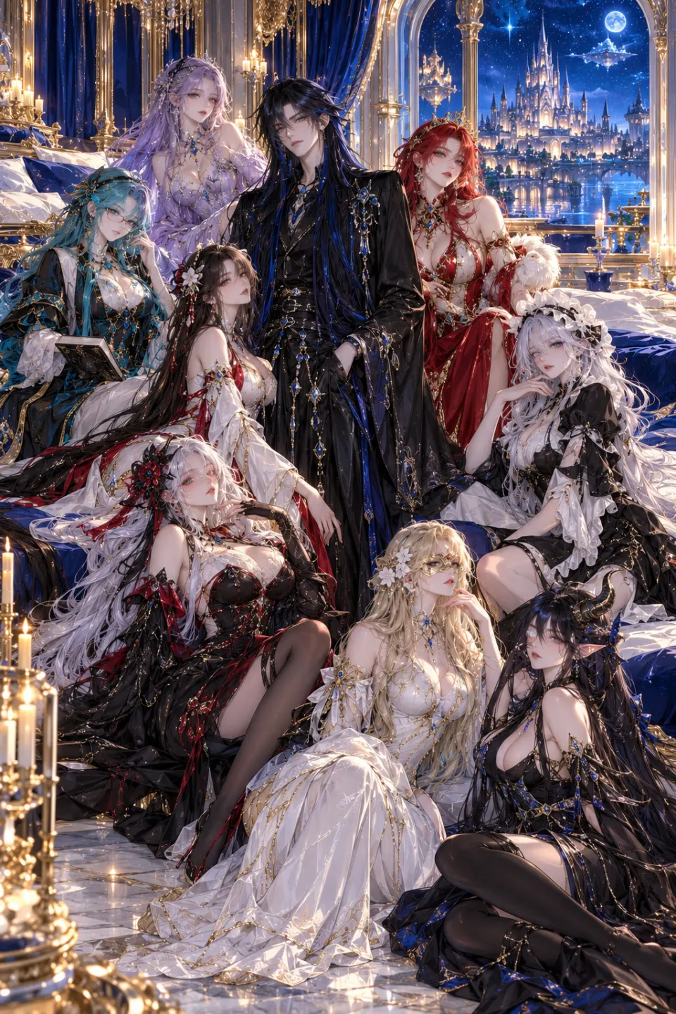 宫廷奇幻群像：月夜城堡寝宫的华服角色群