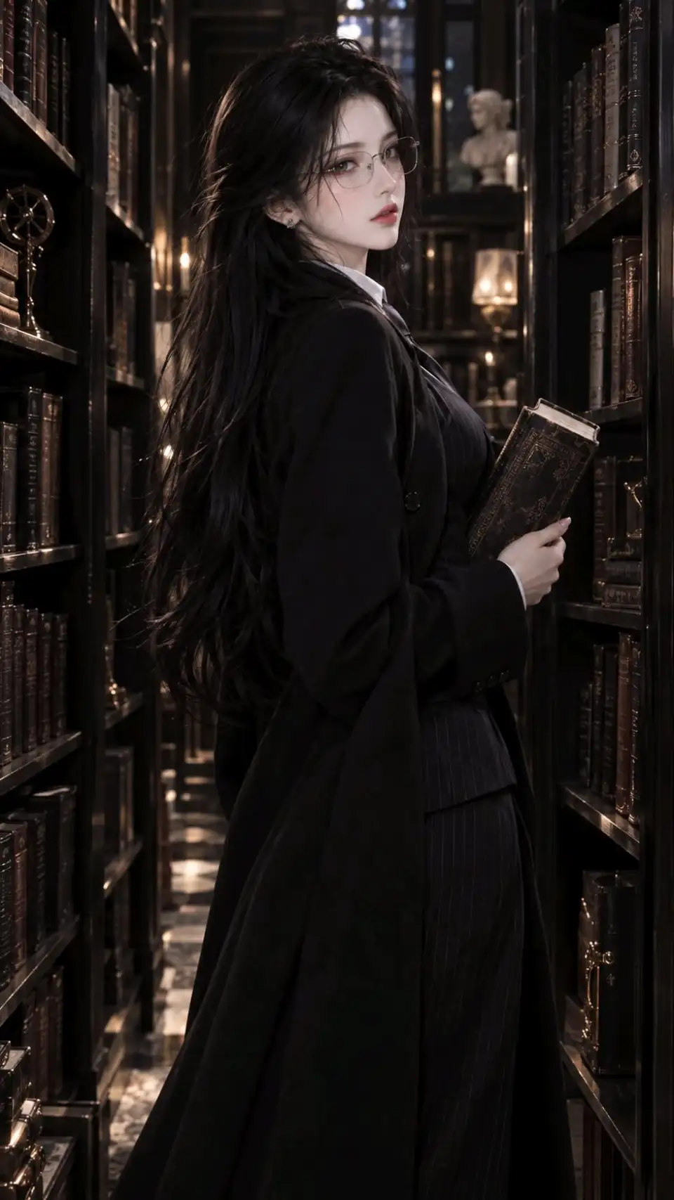 暗黑学院人像：图书馆中的黑西装女性