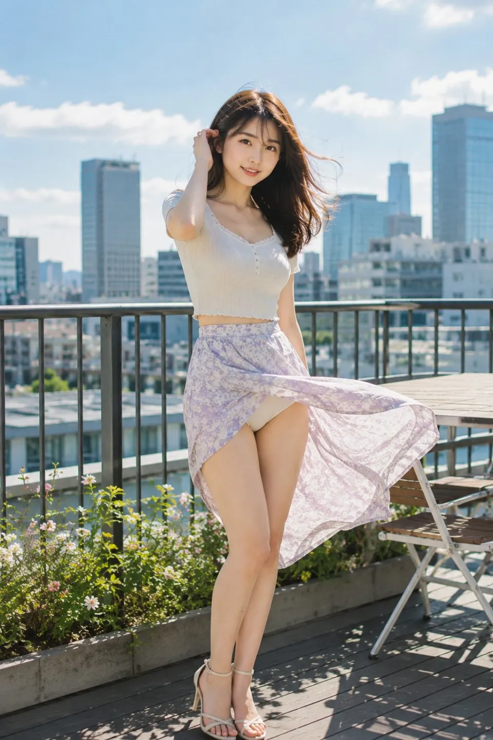 城市屋顶上的白色花裙