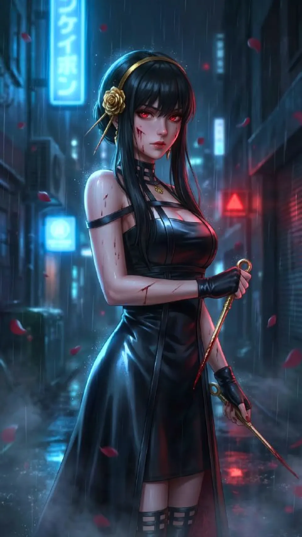 雨夜霓虹下的黑裙刺客
