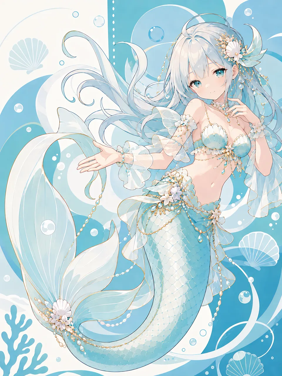 浅蓝贝壳人鱼少女